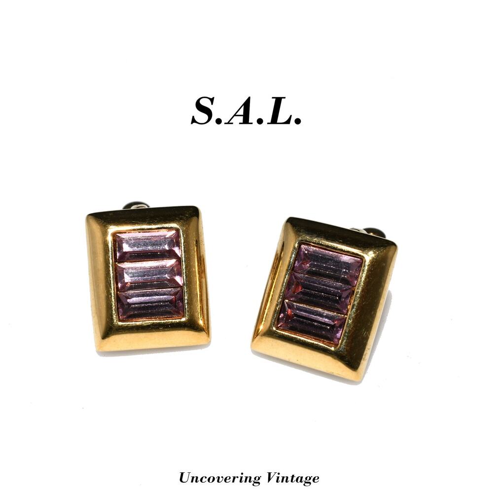 S.A.L. Swarovski Purple Crystal Small Clip Earrings, Gold Plate Austrian Crystal
